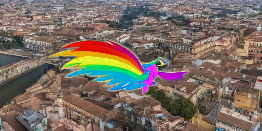 Prompt: rainbow dash flying through the skies of seville