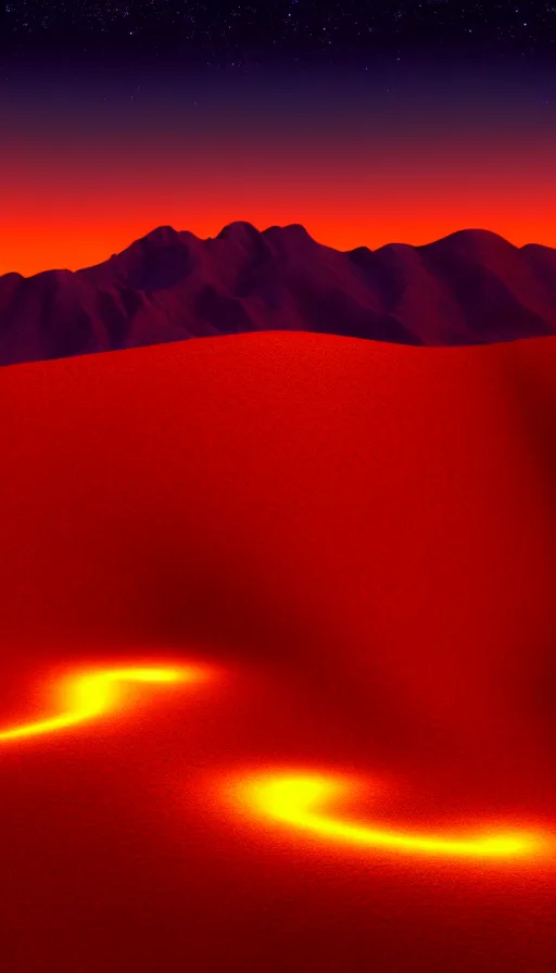 Prompt: highly detailed realistic photo of glowing mountains in desert at night, vibrant colors, award winning masterpiece photography, hyper realistic, concept art, 8 k detail post - processing