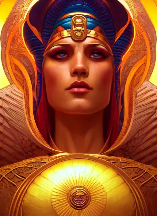 Prompt: close up portrait of ra egyptian symbolism, sun god by artgerm, cushart krenz, greg rutkowski, mucha. art nouveau. gloomhaven, swirly vibrant ripples, gaudy colors, sharp edges. ultra clear detailed. 8 k. elegant, intricate, octane render