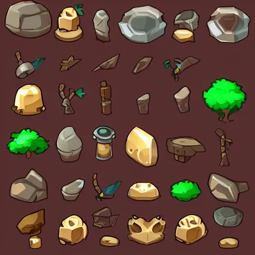 Prompt: A game assets spritesheet by dofus online, props, terrain, trees, and scenario assets, mobile game, vector art, very detailed