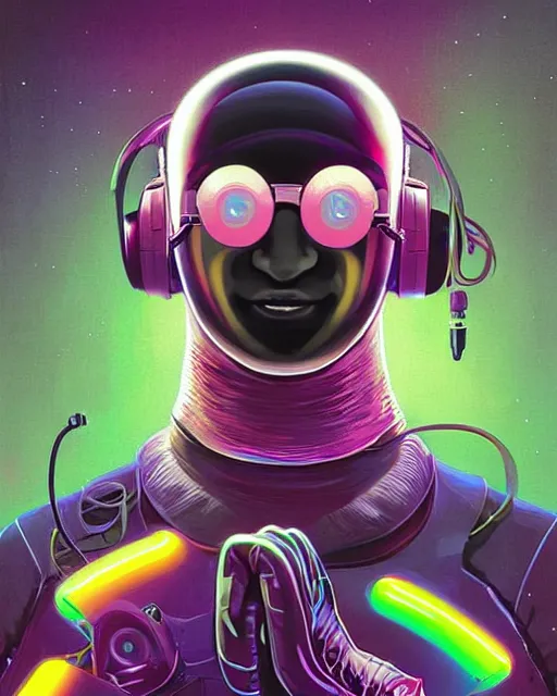 Image similar to silly sloth as future coder man looking on, sleek cyclops display over eyes and sleek bright headphoneset, neon accent lights, holographic colors, desaturated headshot portrait digital painting by dean cornwall, rhads, john berkey, tom whalen, alex grey, alphonse mucha, donoto giancola, astronaut cyberpunk electric