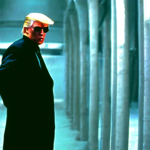 Image similar to movie still from the matrix ( 1 9 9 9 ) of donald trump