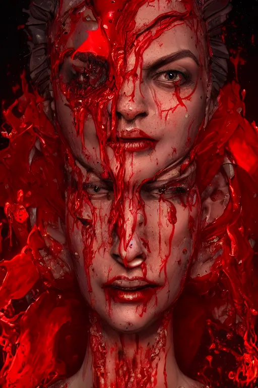 Image similar to Fantasy character portrait of distorted detailed painting of a queen woman made of blood drips, octane render, hyper detailed, red flames, trending on Artstation, 8k resolution, full HD, cinematic lighting, award winning, anatomically correct