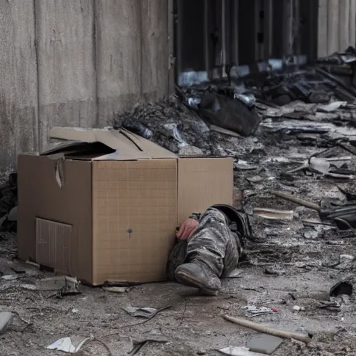 Prompt: an soldier hiding under cardboard box, in middle of war, explosion environment, post apocalyptic, cinematic