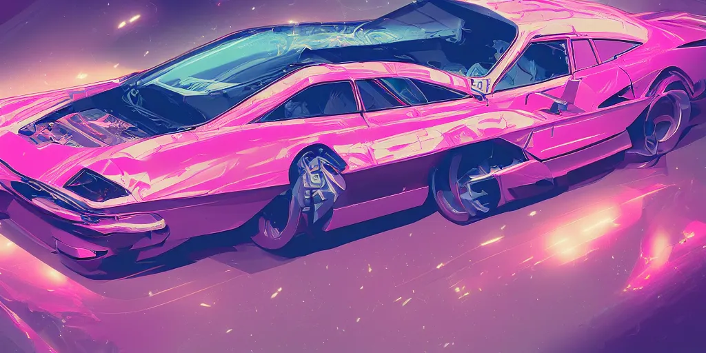 Image similar to vaporwave Ferrari 1970s glitch art, cgsociety, trending on artstation, industrial light and magic, masterpiece