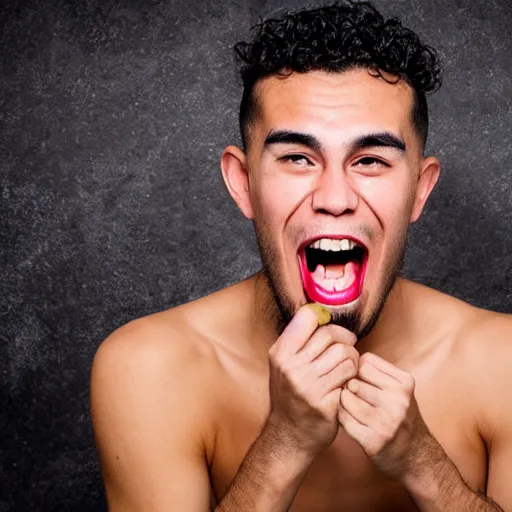 Image similar to square jawed 20 year old with tan skin and broad shoulders, short curly hair with shaved sides, a very bad case of underbite is excited to eat a kings feast in front of him