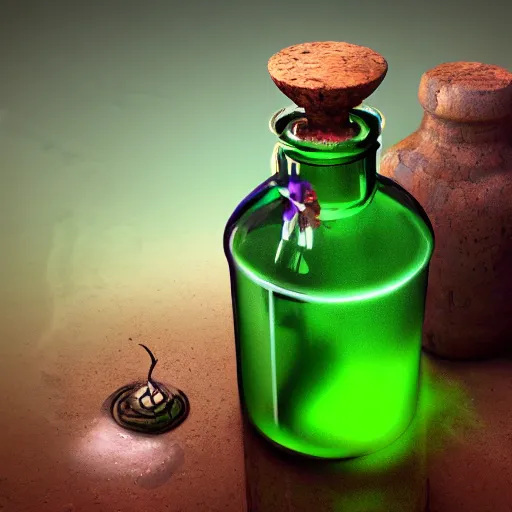 Prompt: Realistic potion, glass bottle, green glow, skull painting on the front, cork stopper digital art, render, unreal engine