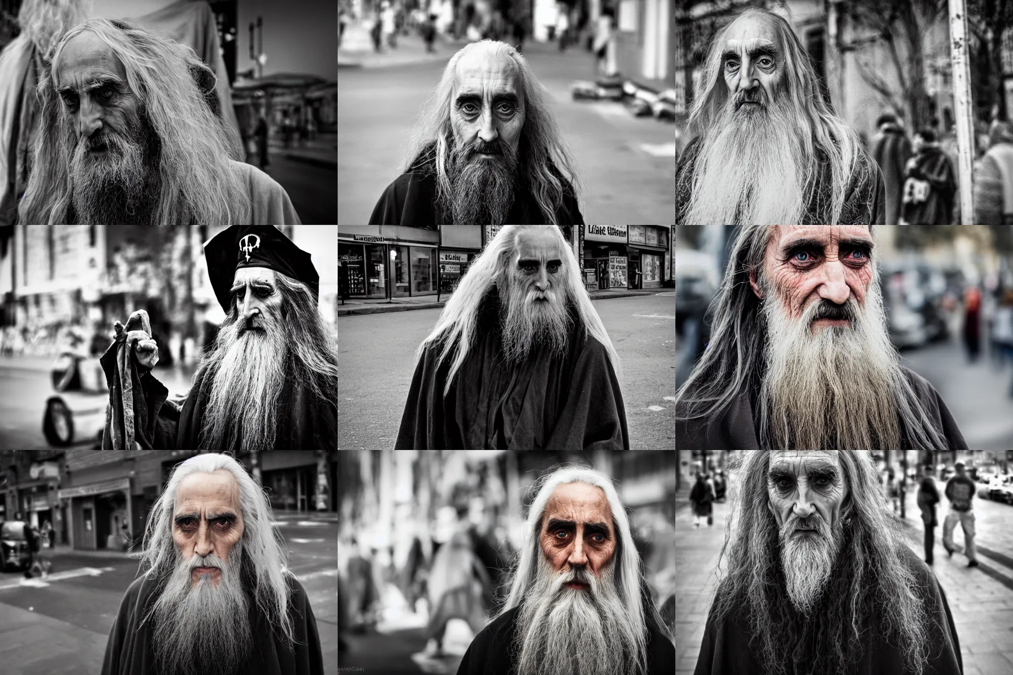 Prompt: Saruman from Lord of the Rings the homeless wizard selling magazines on the street, portrait photography, depth of field, bokeh