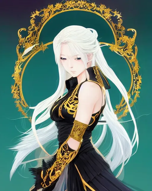 Image similar to beautiful anime portrait of a female fighter!! long white hair! teal eyes! fighting stance!!!! intricate ornate gold and black outfit!!! elegant, artbook, fine details by stanley artgerm lau, wlop, rossdraws, james jean, andrei riabovitchev, marc simonetti, and sakimichan, trending on artstation