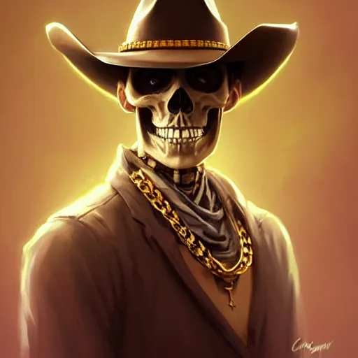 Image similar to a skeleton wearing a cowboy hat and a golden chain around the neck,Character design by charlie bowater, ross tran, artgerm, and makoto shinkai, detailed, inked, western comic book art, 2021 award winning painting,digital art,ultra realistic,ultra detailed,art by greg rutkowski,detailed face,photorealistic,hyperdetailed