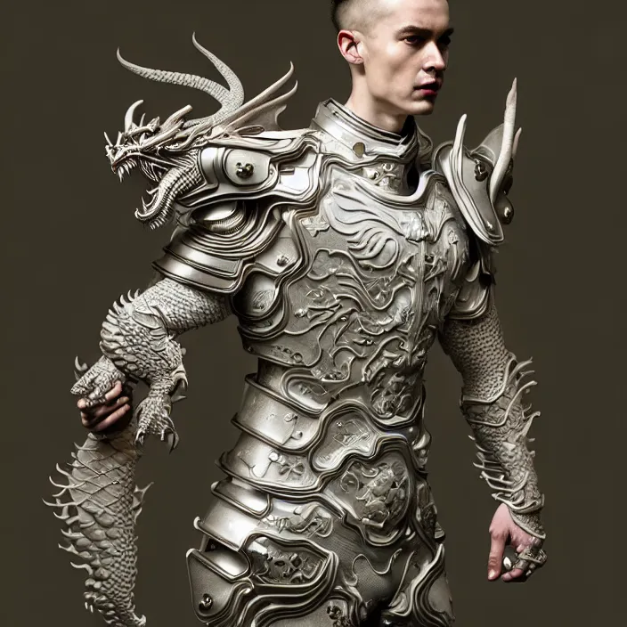 Image similar to man wearing porcelain cyborg armor, Chinese Kangxi dragon pattern porcelain, diffuse lighting, fantasy, intricate, elegant, highly detailed, lifelike, photorealistic, digital painting, artstation, illustration, concept art, smooth, sharp focus, art by John Collier and Albert Aublet and Krenz Cushart and Artem Demura and Alphonse Mucha