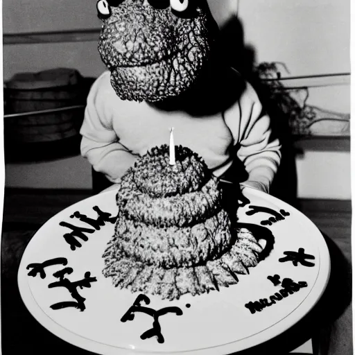 Prompt: godzilla celebrating his birthday, eating cake, wearing a birthday hat