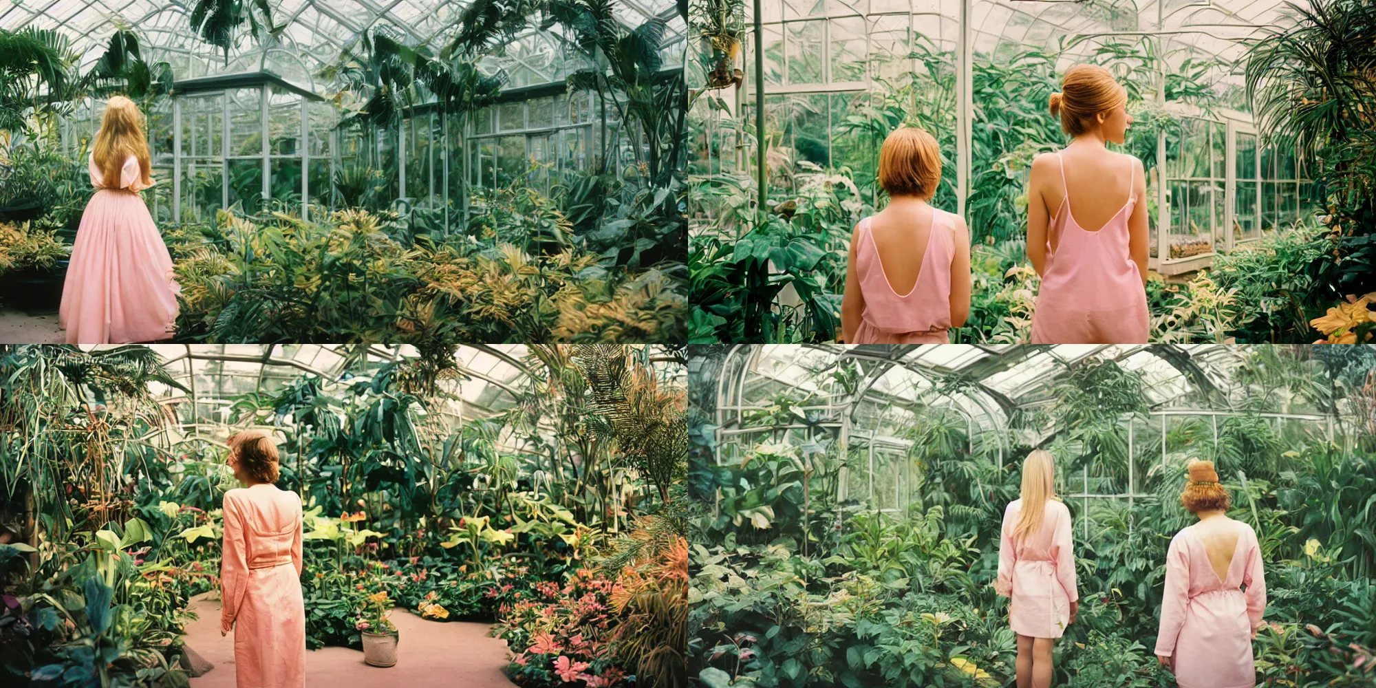 Prompt: photograph of a beautiful!!! woman! from the back standing in tropical greenhouse by mark owen. pastel colors. kodak portra 4 0 0 film!!. whirl bokeh!. mamiya 7. highly detailed. hq. photoreal. golden hour. lens flare. faded film. in - frame