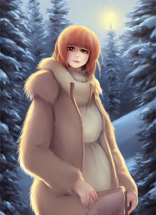 Image similar to award winning beautiful portrait commission art of a female furry anthro polar bear fursona with a cute beautiful attractive detailed furry face wearing cute stylish winter clothes at a comfy winter cabin at dusk by firelight. Character design by charlie bowater, ross tran, artgerm, and makoto shinkai, detailed, inked, western comic book art