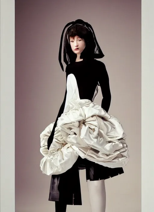 Prompt: an early 0 0's digital portrait of a beautiful girl detailed features wearing a wedding dress with a puffy skirt utility - chic trend. lots of zippers, pockets, synthetic materials, jumpsuits. by balenciaga and issey miyake by ichiro tanida and mitsuo katsui