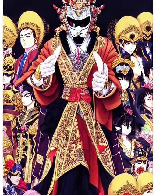 Image similar to The masked emperor giving a speech to a very large crowd of people. He has very ornate clothing and a mask || VERY VERY ANIME!!!, realistic shaded fine details. Anime. realistic shaded lighting poster by katsuhiro otomo, ghost-in-the-shell, ayami kojima