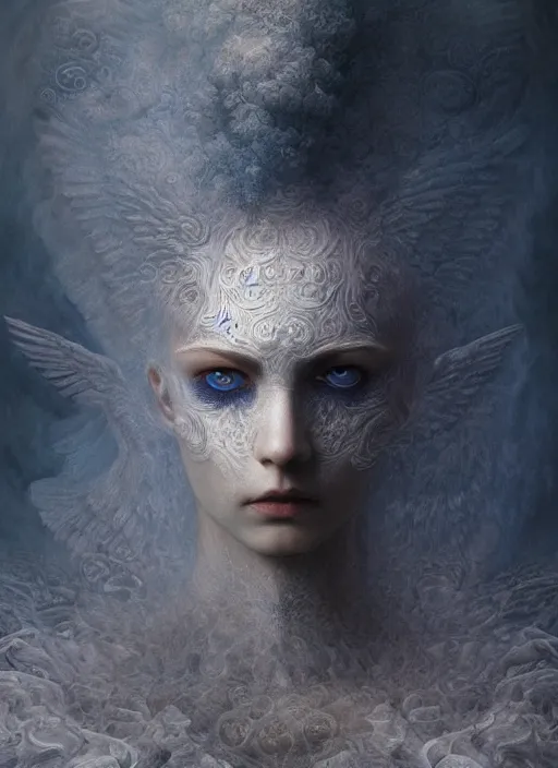 Image similar to Her huge ominous glowing blue eyes staring into my soul , perfect eyes, soft pale white skin, intricate stunning highly detailed, agostino arrivabene, Tomasz strzalkowski, twisted dark lucid dream, 8k portrait render, raven angel wings, swirling thick smoke , beautiful lighting, dark fantasy art, cgsociety