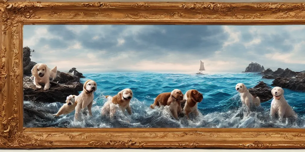 Prompt: a beautiful seascape with puppies, detailed, intricate, beautiful, masterpiece, trending on artstation