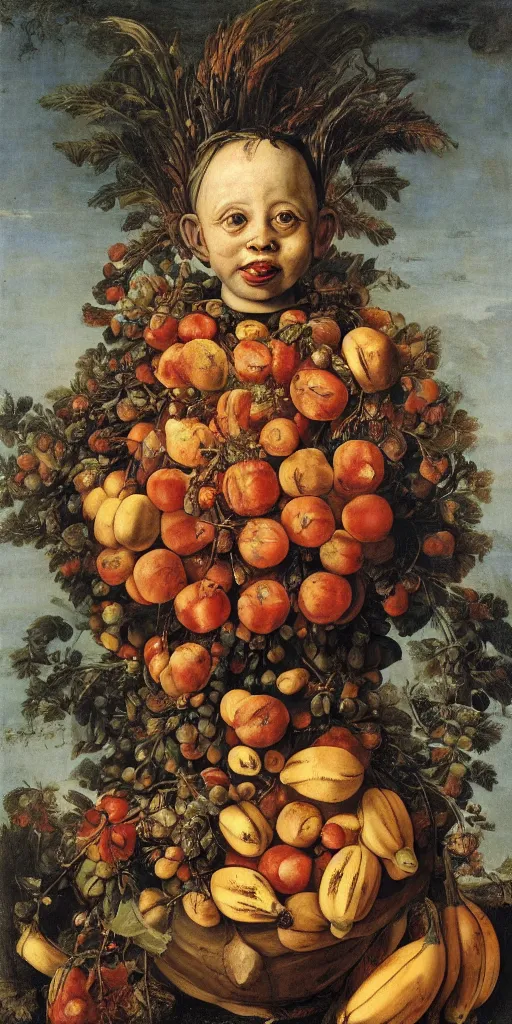 Prompt: a boy sitting in a tub full of tomato sauce, the moon is made by bananas, by giuseppe arcimboldo, renaissance, portrait, fruit, detailed oil paint, high definition