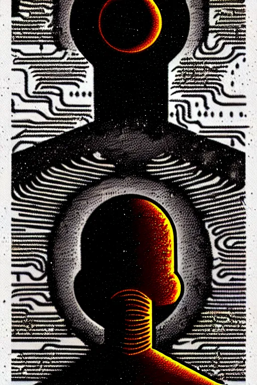Image similar to a scifi illustration, a godlike ai comes online by thomas ligotti