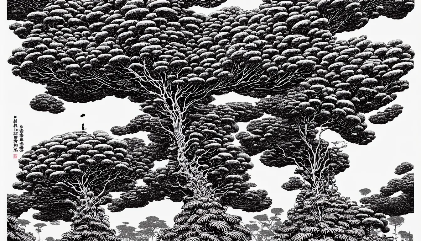 Image similar to giant fern tree by woodblock print, nicolas delort, moebius, victo ngai, josan gonzalez, kilian eng