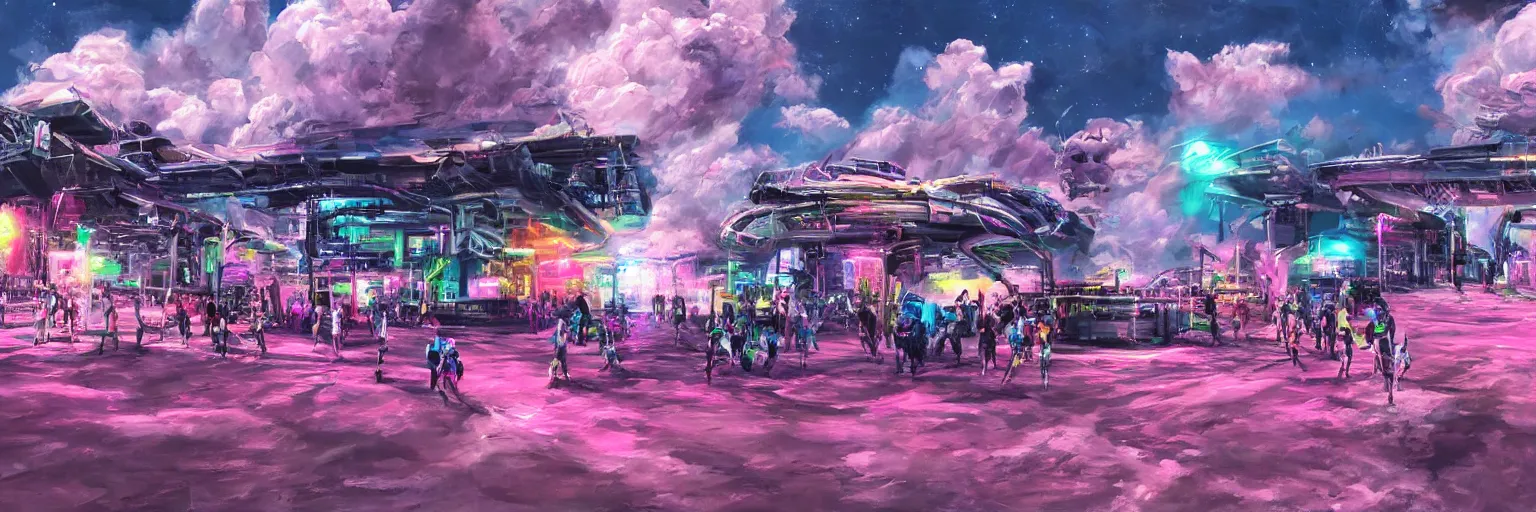 Prompt: oil painting, dog run, pink, ultra detailed, the middle view dog, run, spase dogs and punks running with neon mohawks, space, dark, stars, pirate neon ship with punks on board, neon, rich deep colors masterpiece, contrast, clouds, sky, volumetric light, atmospheric lighting, dramatic, moody, octane render