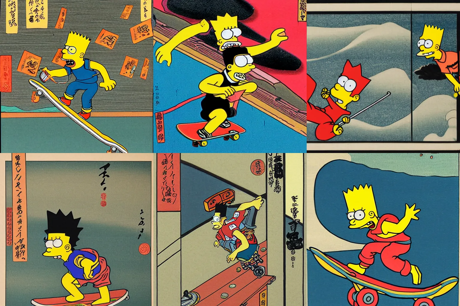 Prompt: Bart Simpson on a skateboard jumping over a gorge. Ukio-e art.