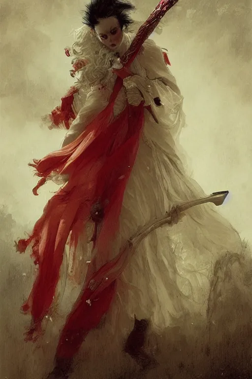 Image similar to a vampire with long light white hair and a red scarf, windy, ribbons, melancholic, modern maximalist fashion dress, is ( ( holding a sword ) ). light dust, magnificent, hyperdetailed, theatrical, painted by jean honore fragonard and greg rutkowski