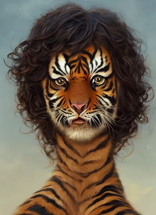 Image similar to a little girl with short curly brown hair with her face painted like a tiger. face painting of a tiger. beautiful highly detailed face. painting by artgerm and greg rutkowski and raymond swanland.