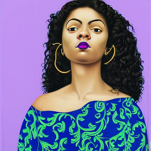 Prompt: three quarter close up portrait painting of a young latina woman with curly hair, violet lips, blue background, by kehinde wiley