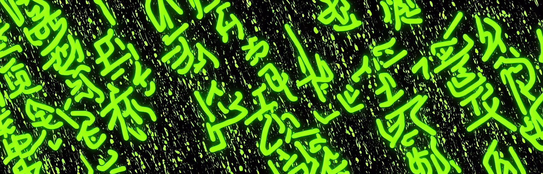 Prompt: neon green colored japanese characters dripping down from top, matrix wallpaper ; very detailed ; artstation, unreal engine 5