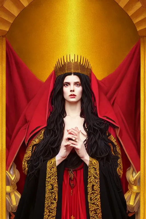 Image similar to Portrait of historically accurate, ancient biblical, sultry, sneering, evil, pagan, wicked, young queen jezebel, wearing gilded red robes, long black hair, intricate, elegant, highly detailed, digital painting, artstation, concept art, smooth, sharp focus, illustration, art by artgerm and greg rutkowski and alphonse mucha and andrei riabovitchev
