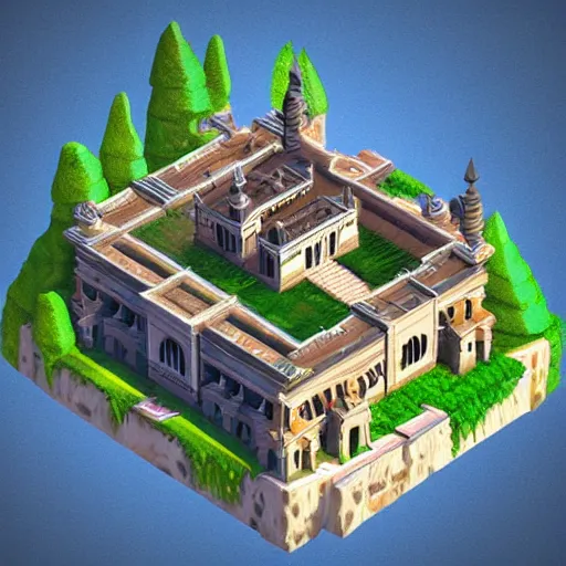 Prompt: Extremely detailed isometric scenery of a palace in the clouds, digital art, low poly, art for video games, 4k