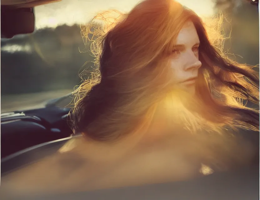 Prompt: girl with winding hair driving a car, motion photo, early morning, golden hour, bleach bypass, warm tones, beige colors, sunlight, digital 2 d, polaroid, high - key lighting, by lisa yuskavage, by serov valentin, by krenz cushart