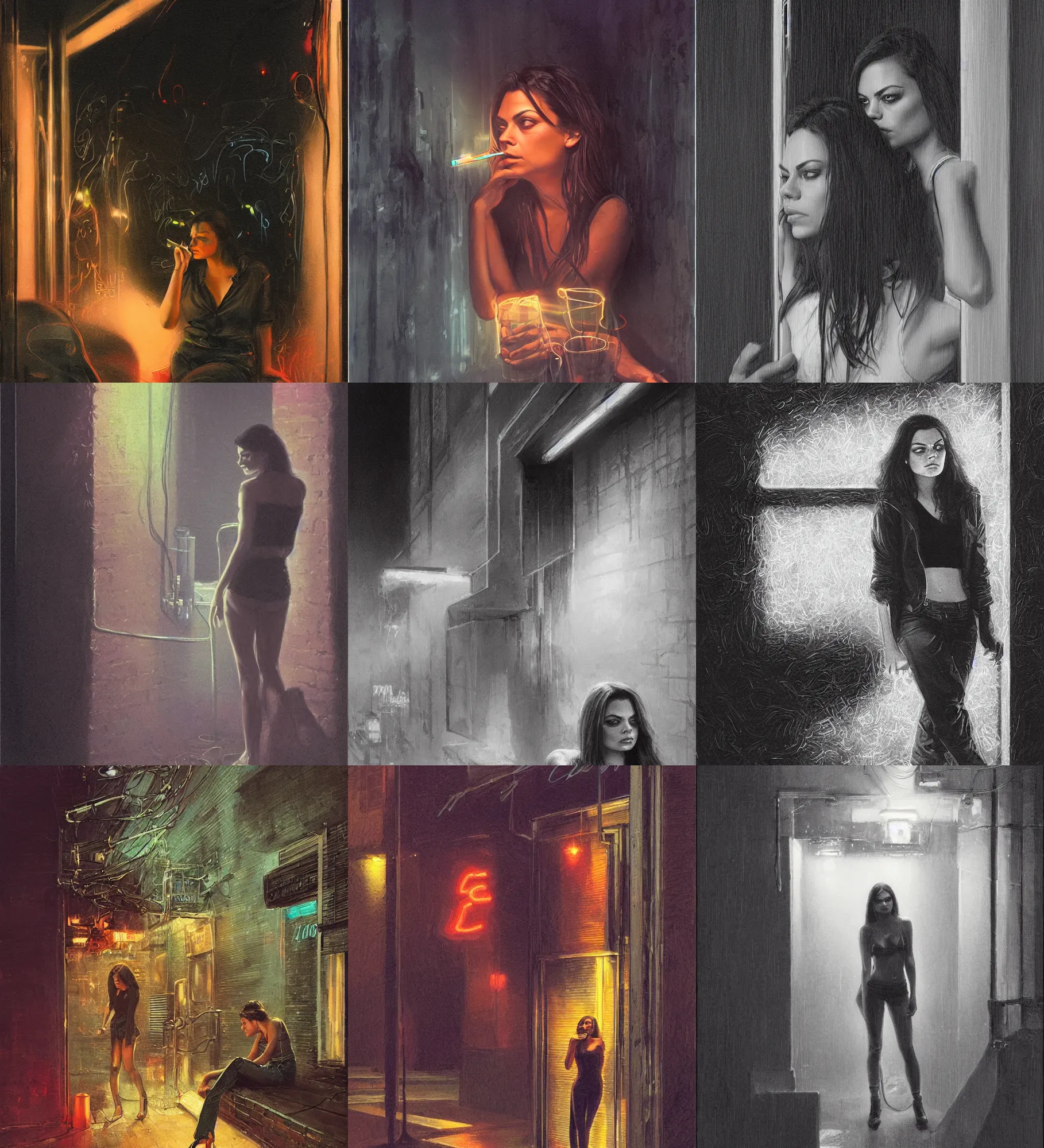 Image similar to foggy neon night, mila kunis leaning back against a wall smoking a cigarette outside a neon lit entrance, 1 9 7 0 s, intricate, moody, tasteful, intimate, highly detailed, short focus depth, artgerm, donato giancola, joseph christian leyendecker