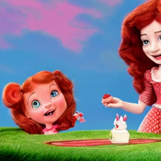 Image similar to Still of a movie adaptation of Strawberry Shortcake with Anne Hathaway, cinematic , technicolor