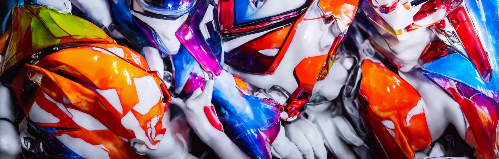 Image similar to beautifully lit extreme close up photo of a white marble statue of an anime girl with colorful motocross logos and motorcycle helmet with closed visor, colorful smoke in the background, carved marble statue, fine art, neon genesis evangelion, virgil abloh, offwhite, denoise, highly detailed, 8 k, hyperreal