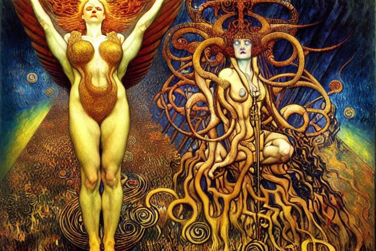 Image similar to Divine Chaos Engine by Karol Bak, Jean Delville, William Blake, Gustav Klimt, and Vincent Van Gogh, symbolist, visionary