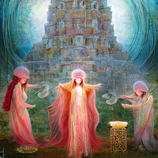 Prompt: A painting of priestesses worshipping at the jellyfish temple, shrouded in mist, jellyfish god, jellyfish priestess, jellyfish shrine maiden, 8K, illustration, art by Lilia Alvarado, Sophie Anderson, Mark Arian, Bob Byerley, Charlie Bowater, Mark Brooks, Steve Henderson, Justin Gerard, Arthur Hughes, Edward Robert Hughes, Mark Keathley, Victor Nizovtsev, Carlos Shwabe, Ross Tran, WLOP, smoke, undersea temple with fish, cinematic, insanely detailed and intricate, hypermaximalist, elegant, super detailed, award-winning, magenta and crimson and cyan, rainbow accents, iridescence, bioluminescence, mysterious, ancient, ritual, trending in cgsociety, artstation HQ, ornate, elite, haunting, matte painting, beautiful detailed, insanely intricate details, dreamy and ethereal, otherworldly