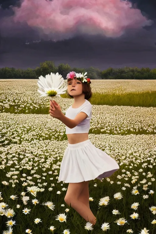 Image similar to giant white daisy flower crown, girl dancing in a flower field, surreal photography, sunrise, dramatic light, impressionist painting, colorful clouds, digital painting, artstation, simon stalenhag