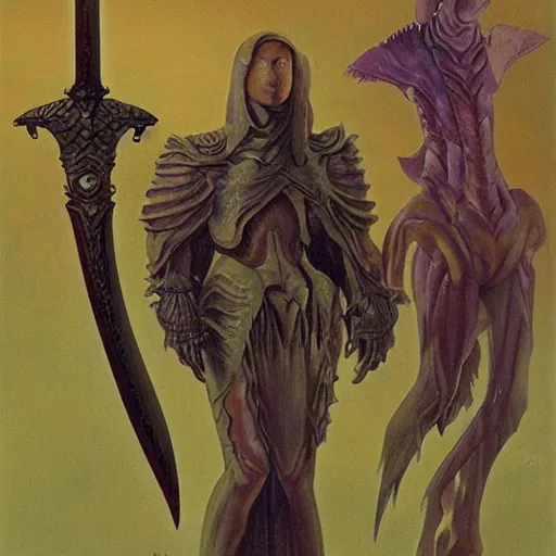 Prompt: fantasy sword concepts, painting by Wayne Douglas Barlowe ,