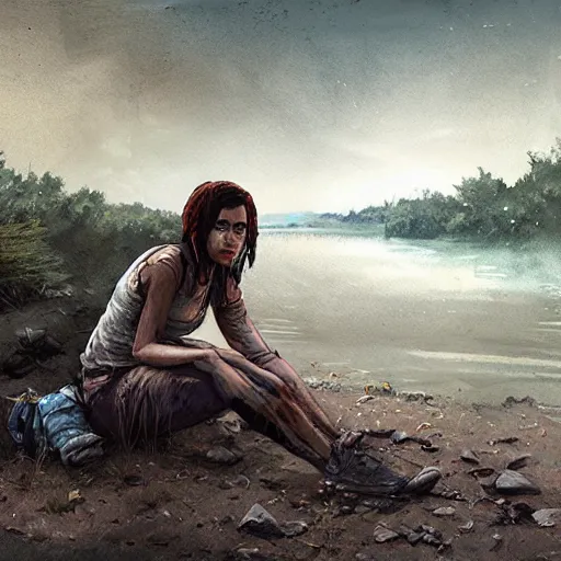 Image similar to clementine from the walking dead the last season sitting next to a river by greg rutkowski