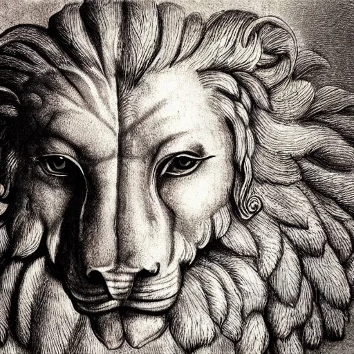 Image similar to human / eagle / lion / ox hybrid. horns, beak, mane, human body. drawn by da vinci