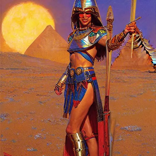 Prompt: egyptian woman tan skin in armor, priestess, robert mccall, by donato giancola by digital art, ambient lighting