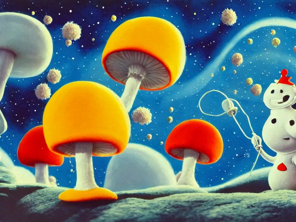 Prompt: moomins in space suits flying around with jetpacks discovering the mushroom planet, looking cute, photorealistic painting, movie still, cgi, warm colors, fluffy, cozy, dreamy, low light