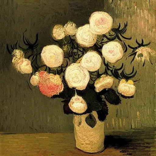 Image similar to atmospheric beautiful bouquet of white delicate pionoid rose in the sunny room of his beloved wife, wrote van gogh