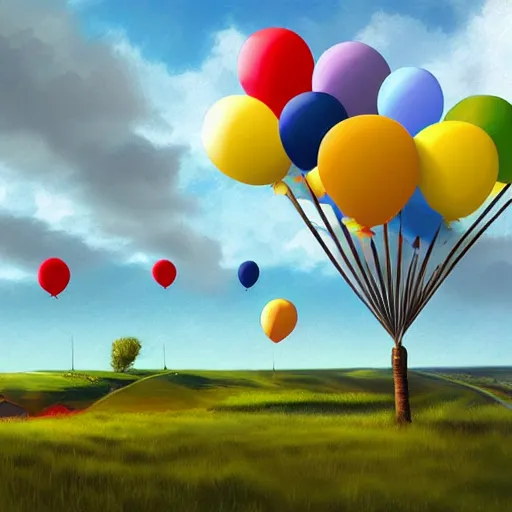 Prompt: digital art of a landscape in bretagne with giant birthday balloons, artstation cgsociety masterpiece