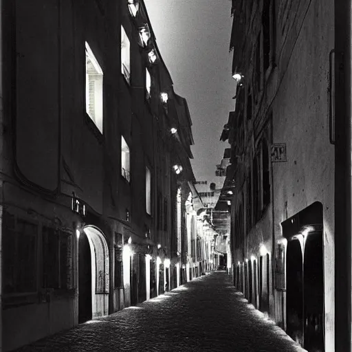 Prompt: urban scene of via del corso in 1 8 2 3 at night, balconies illuminated, some dark masked figures of carnival, wide lens photograph, in the style of salgado