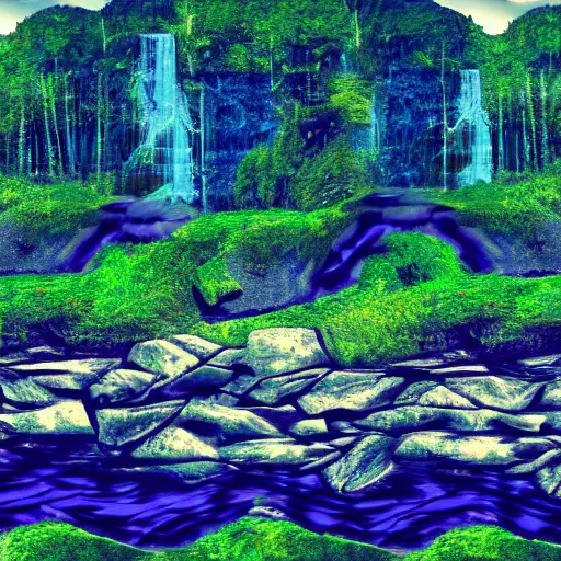 Image similar to a beautiful landscape, river, rocks, trees, glitch, glitchy, vhs, corrupted