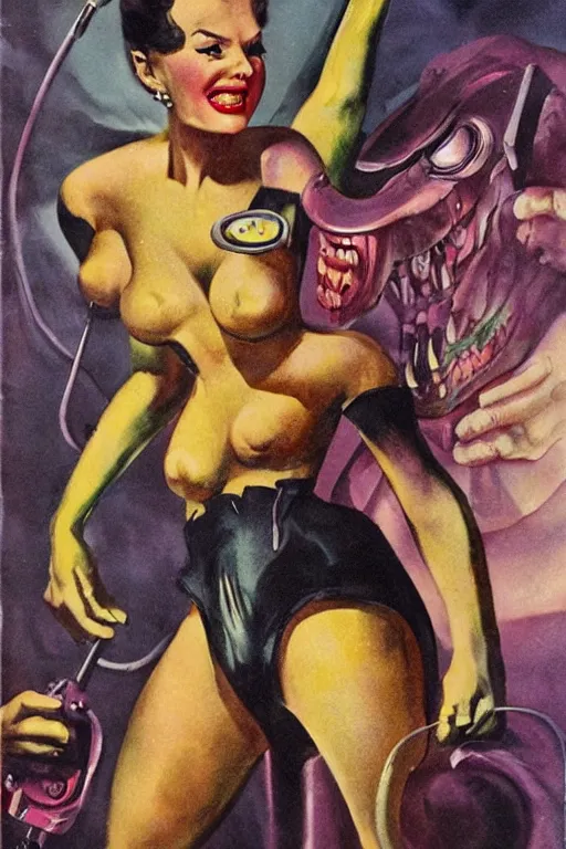 Image similar to 5 0 s pulp scifi fantasy illustration full body portrait monster wrecking laboratory, by earle bergey, edd cartier, howard v brown, frank r paul, astounding stories, amazing, fantasy, other worlds